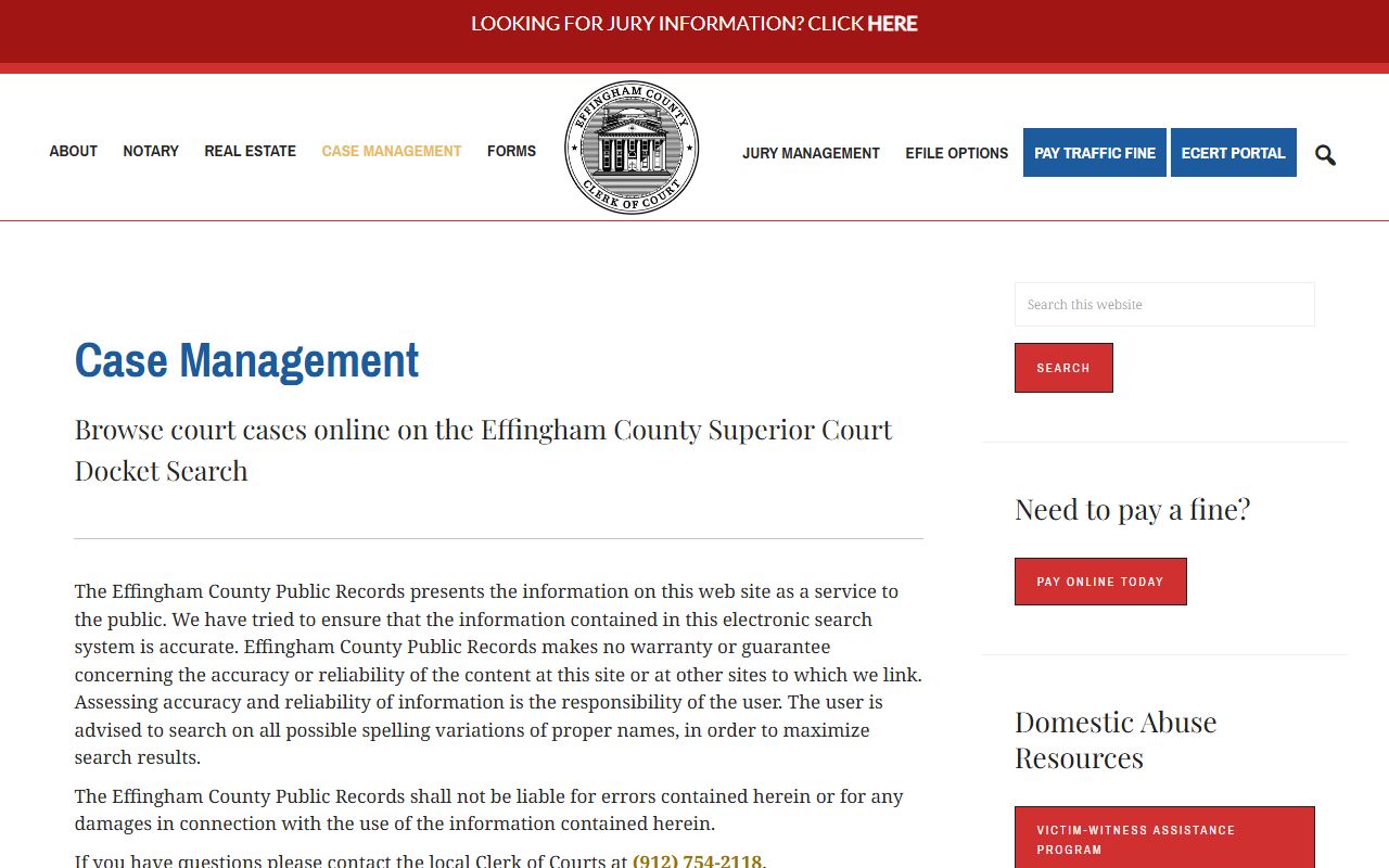 Effingham County Clerk of Superior Court case management records page