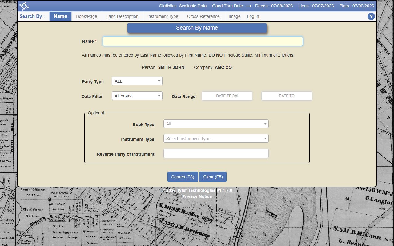 Effingham County Clerk of Superior Court real estate name search fields