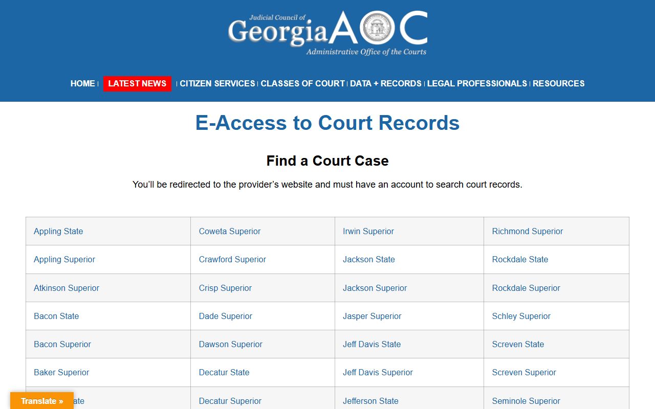 Effingham County court records Georgia Courts e-access provider page