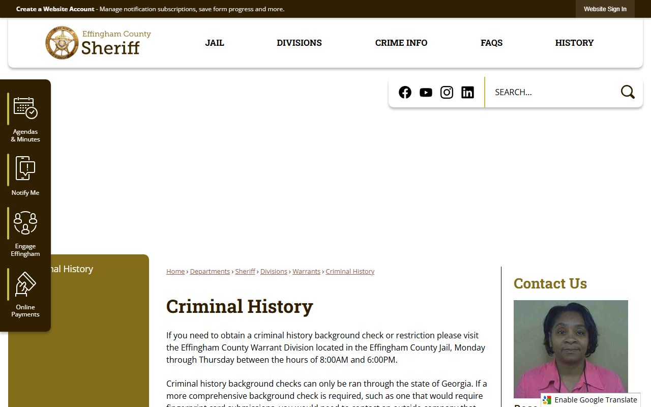 Effingham County criminal court records Sheriff criminal history restriction page