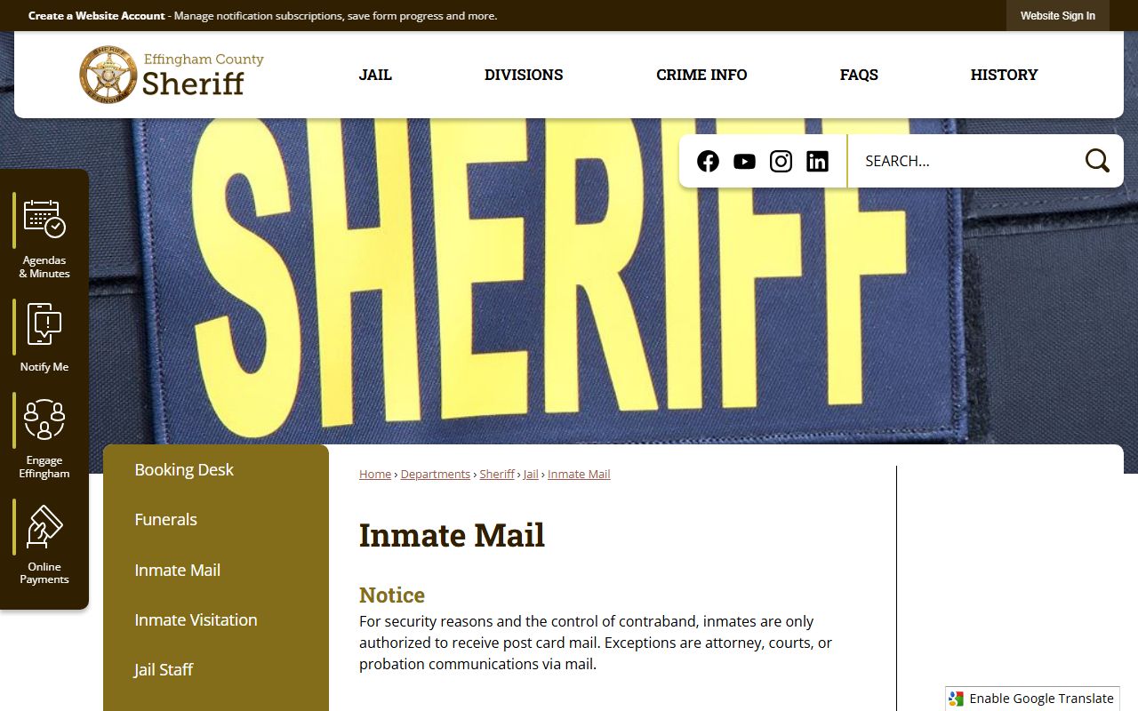 Effingham County inmate records mail rules