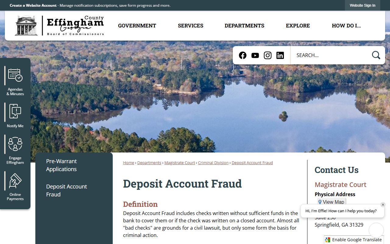 Effingham County warrant records deposit account fraud applications